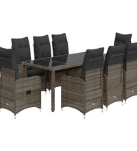 9-tlg. Garten-Bistro-Set mit Kissen Grau Poly Rattan
