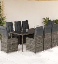 9-tlg. Garten-Bistro-Set mit Kissen Grau Poly Rattan