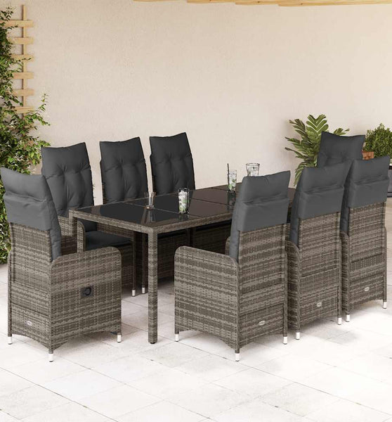 9-tlg. Garten-Bistro-Set mit Kissen Grau Poly Rattan