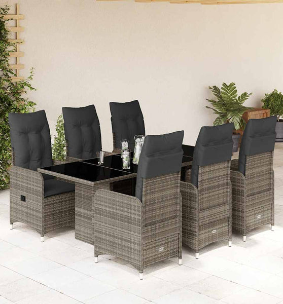 7-tlg. Garten-Bistro-Set mit Kissen Grau Poly Rattan