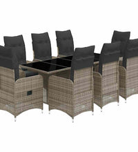 9-tlg. Garten-Bistro-Set mit Kissen Grau Poly Rattan