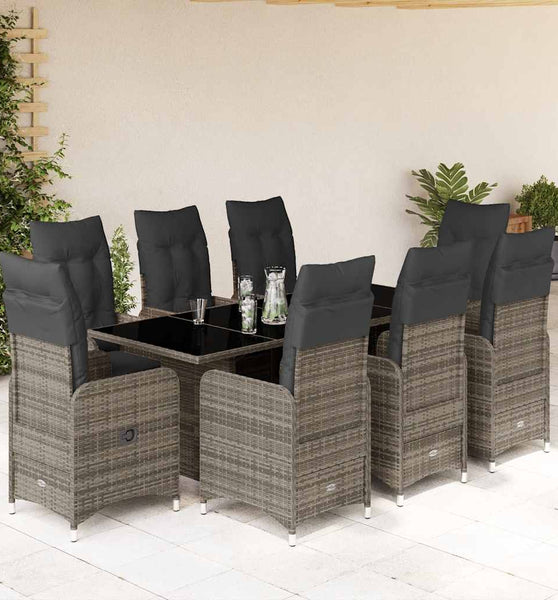 9-tlg. Garten-Bistro-Set mit Kissen Grau Poly Rattan