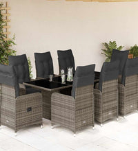 9-tlg. Garten-Bistro-Set mit Kissen Grau Poly Rattan