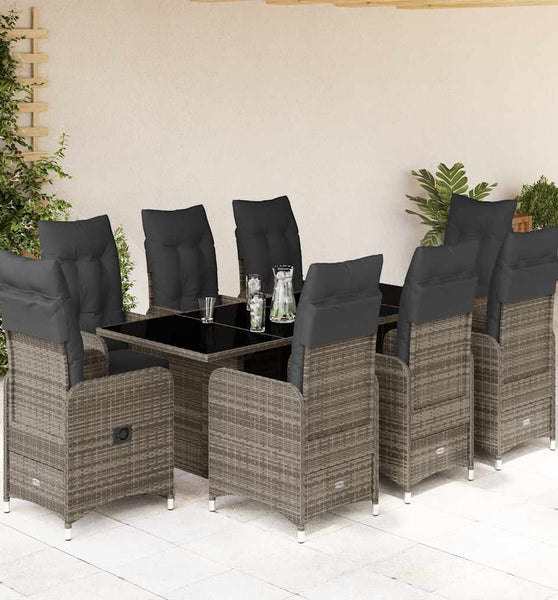 9-tlg. Garten-Bistro-Set mit Kissen Grau Poly Rattan