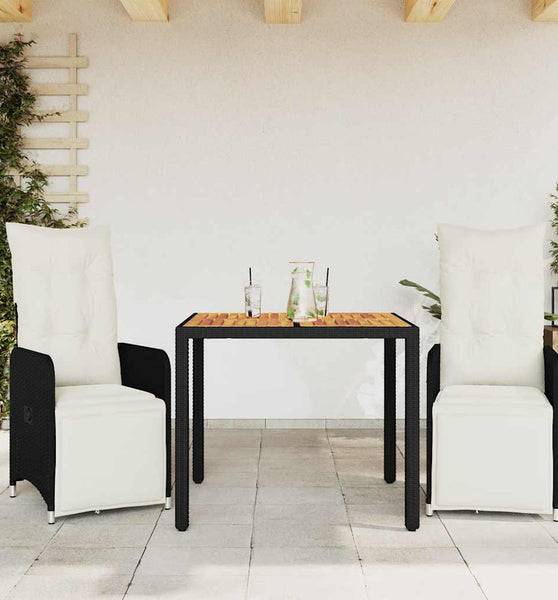 3-tlg. Garten-Bistro-Set mit Kissen Schwarz Poly Rattan