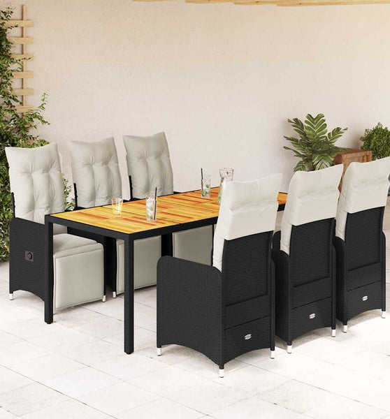 7-tlg. Garten-Bistro-Set mit Kissen Schwarz Poly Rattan