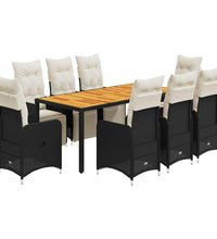 9-tlg. Garten-Bistro-Set mit Kissen Schwarz Poly Rattan