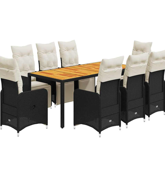 9-tlg. Garten-Bistro-Set mit Kissen Schwarz Poly Rattan