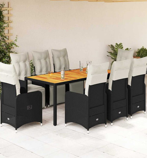 9-tlg. Garten-Bistro-Set mit Kissen Schwarz Poly Rattan