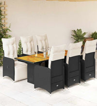 7-tlg. Garten-Bistro-Set mit Kissen Schwarz Poly Rattan