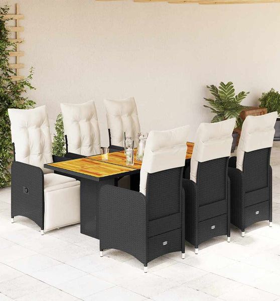 7-tlg. Garten-Bistro-Set mit Kissen Schwarz Poly Rattan