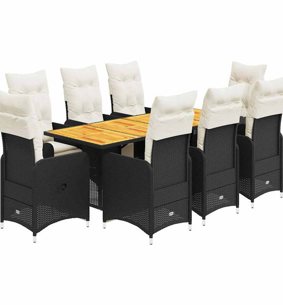 9-tlg. Garten-Bistro-Set mit Kissen Schwarz Poly Rattan