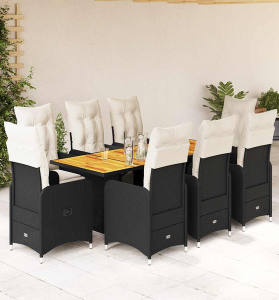 9-tlg. Garten-Bistro-Set mit Kissen Schwarz Poly Rattan