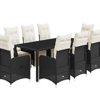 9-tlg. Garten-Bistro-Set mit Kissen Schwarz Poly Rattan