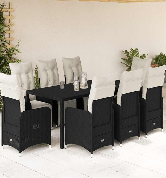9-tlg. Garten-Bistro-Set mit Kissen Schwarz Poly Rattan