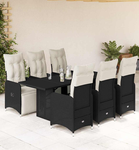 7-tlg. Garten-Bistro-Set mit Kissen Schwarz Poly Rattan