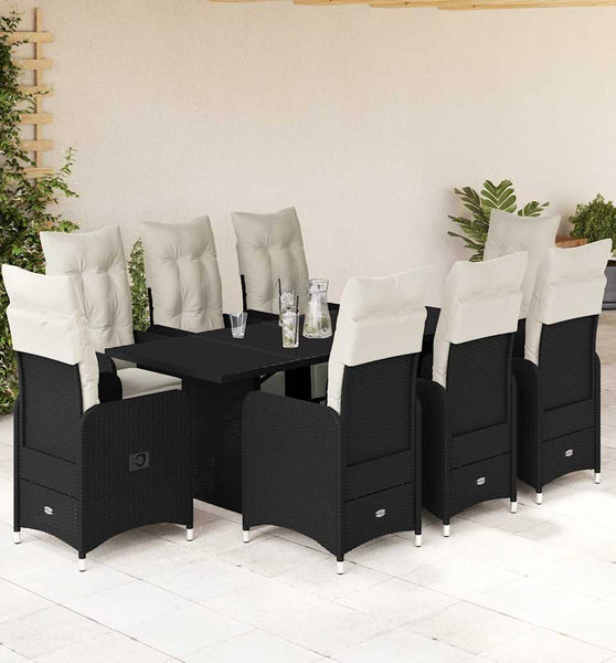 9-tlg. Garten-Bistro-Set mit Kissen Schwarz Poly Rattan