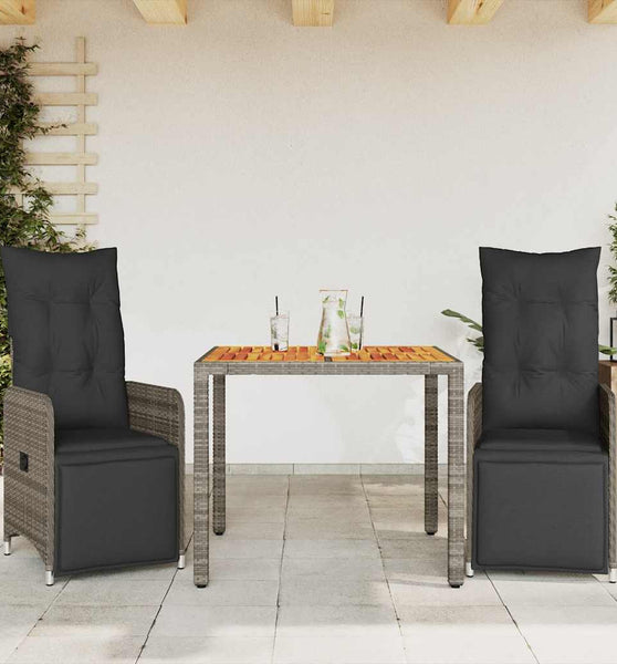 3-tlg. Garten-Bistro-Set mit Kissen Grau Poly Rattan