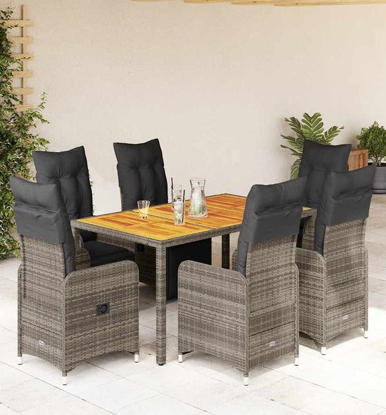 7-tlg. Garten-Bistro-Set mit Kissen Grau Poly Rattan