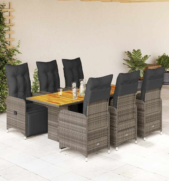 7-tlg. Garten-Bistro-Set mit Kissen Grau Poly Rattan