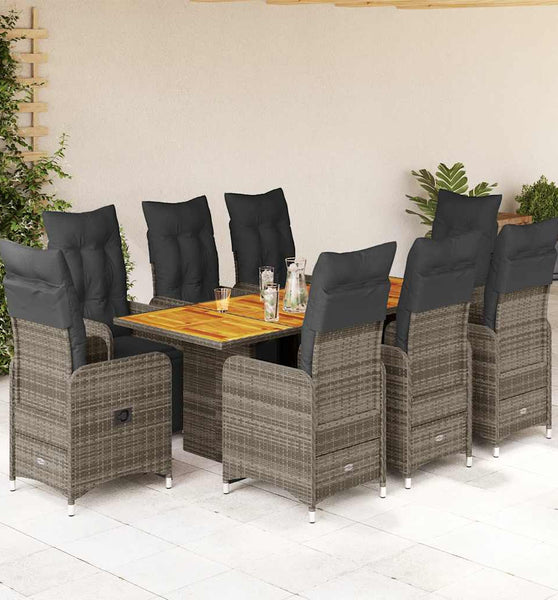 9-tlg. Garten-Bistro-Set mit Kissen Grau Poly Rattan