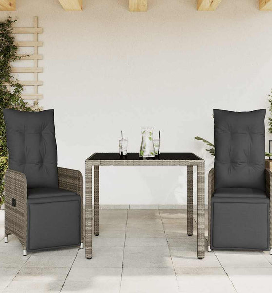3-tlg. Garten-Bistro-Set mit Kissen Grau Poly Rattan