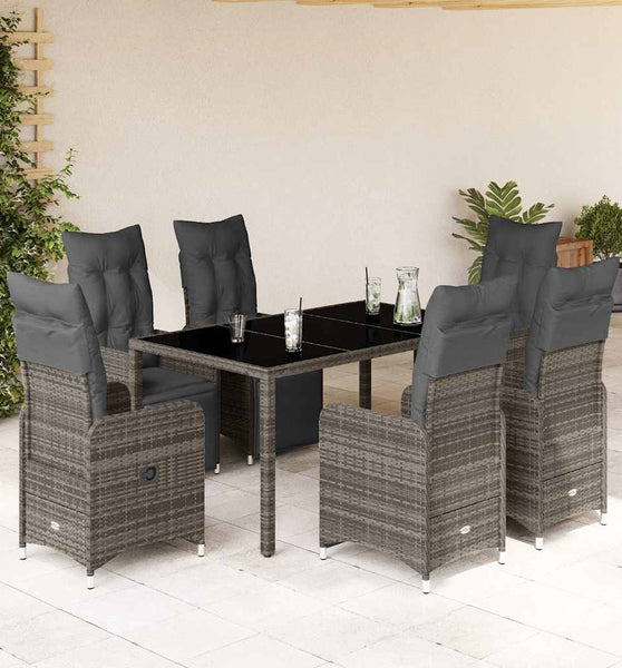 7-tlg. Garten-Bistro-Set mit Kissen Grau Poly Rattan