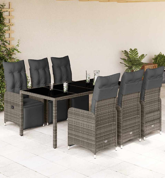 7-tlg. Garten-Bistro-Set mit Kissen Grau Poly Rattan