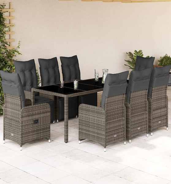 9-tlg. Garten-Bistro-Set mit Kissen Grau Poly Rattan