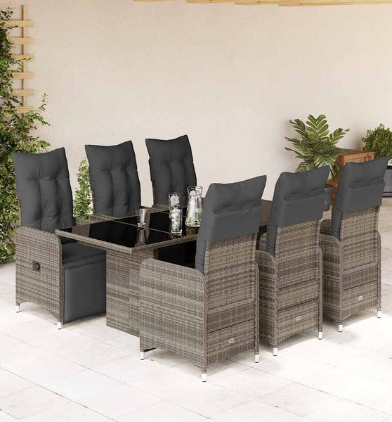 7-tlg. Garten-Bistro-Set mit Kissen Grau Poly Rattan
