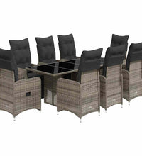 9-tlg. Garten-Bistro-Set mit Kissen Grau Poly Rattan