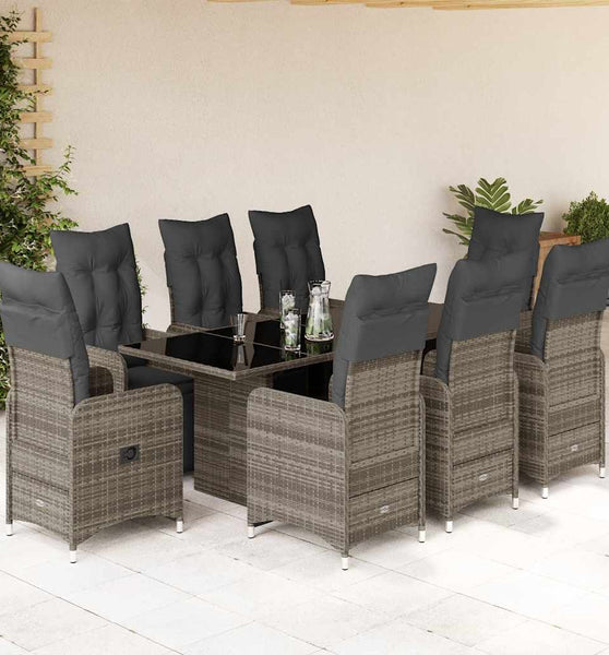 9-tlg. Garten-Bistro-Set mit Kissen Grau Poly Rattan