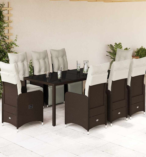 9-tlg. Garten-Bistro-Set mit Kissen Braun Poly Rattan