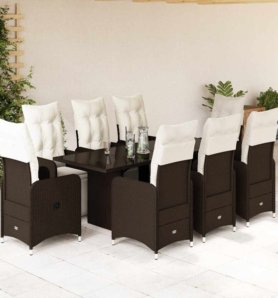 9-tlg. Garten-Bistro-Set mit Kissen Braun Poly Rattan