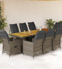 9-tlg. Garten-Bistro-Set mit Kissen Grau Poly Rattan