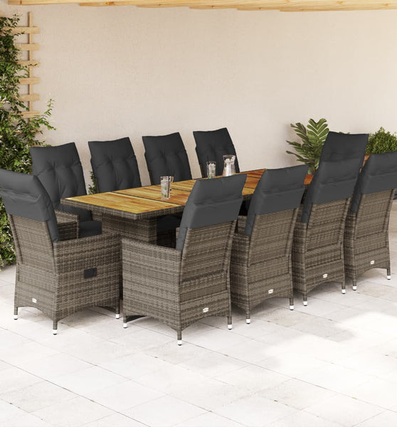 11-tlg. Garten-Bistro-Set mit Kissen Grau Poly Rattan