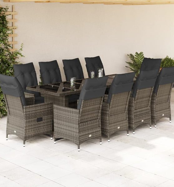 11-tlg. Garten-Bistro-Set mit Kissen Grau Poly Rattan