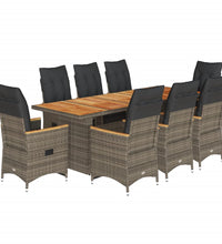 9-tlg. Garten-Bistro-Set mit Kissen Grau Poly Rattan