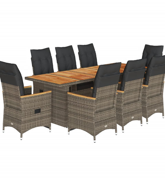 9-tlg. Garten-Bistro-Set mit Kissen Grau Poly Rattan