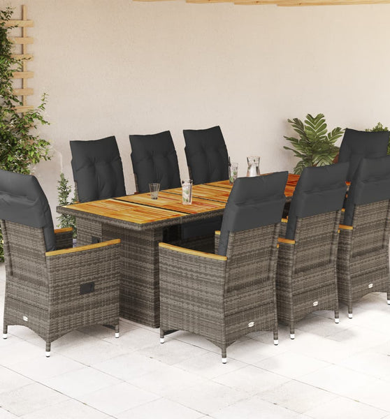 9-tlg. Garten-Bistro-Set mit Kissen Grau Poly Rattan