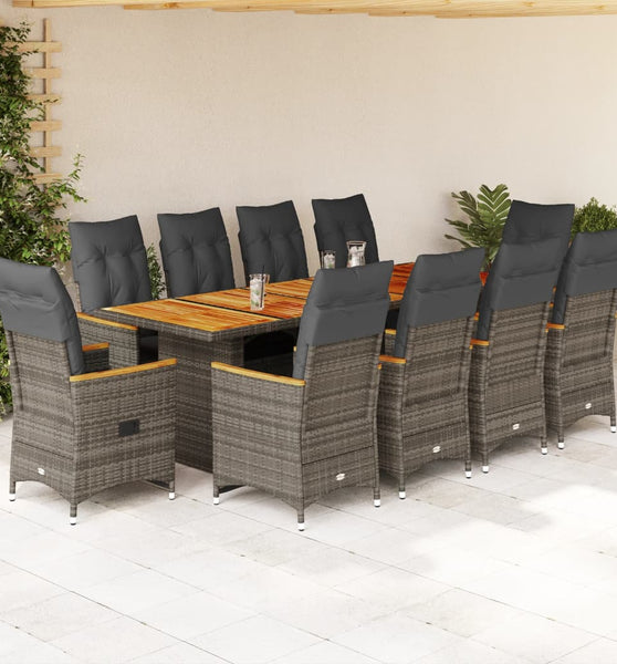 11-tlg. Garten-Bistro-Set mit Kissen Grau Poly Rattan