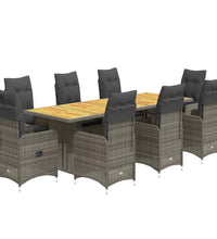 9-tlg. Garten-Bistro-Set mit Kissen Grau Poly Rattan