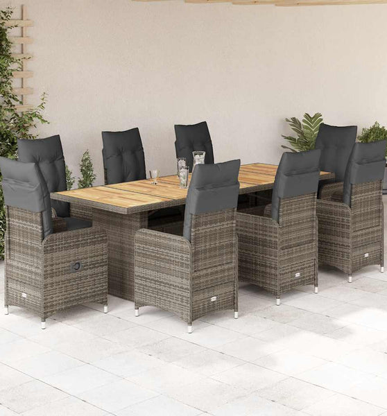 9-tlg. Garten-Bistro-Set mit Kissen Grau Poly Rattan