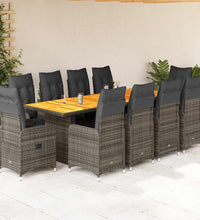 11-tlg. Garten-Bistro-Set mit Kissen Grau Poly Rattan