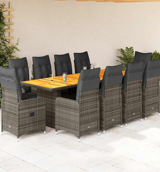 11-tlg. Garten-Bistro-Set mit Kissen Grau Poly Rattan
