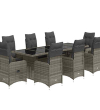 9-tlg. Garten-Bistro-Set mit Kissen Grau Poly Rattan