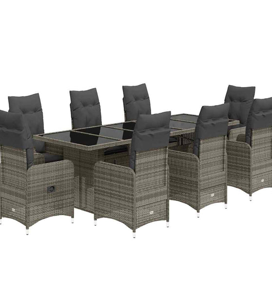 9-tlg. Garten-Bistro-Set mit Kissen Grau Poly Rattan