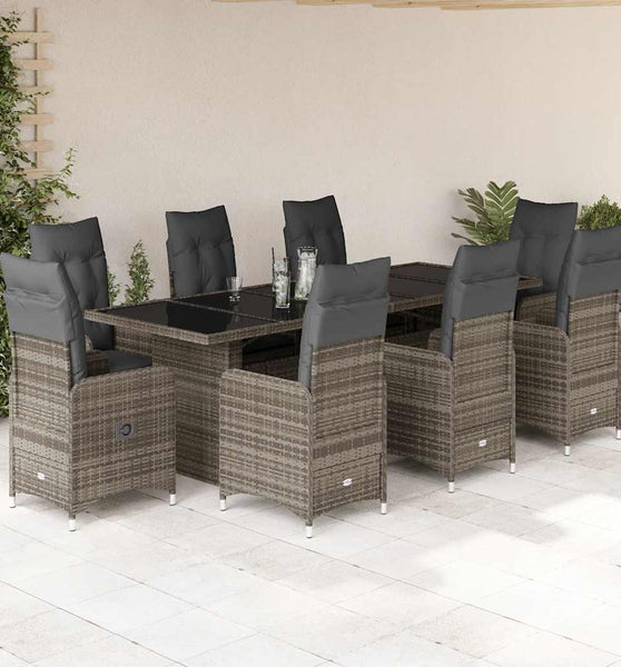 9-tlg. Garten-Bistro-Set mit Kissen Grau Poly Rattan