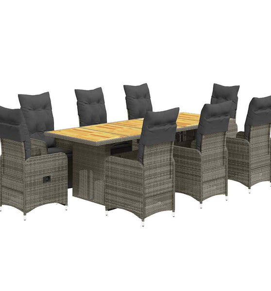 9-tlg. Garten-Bistro-Set mit Kissen Grau Poly Rattan