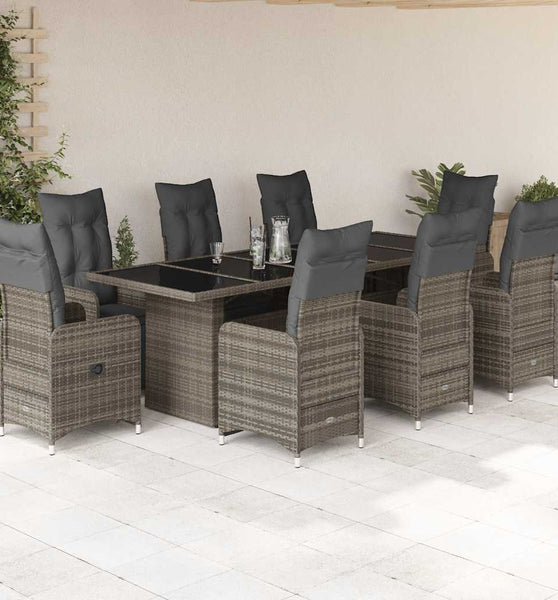 9-tlg. Garten-Bistro-Set mit Kissen Grau Poly Rattan